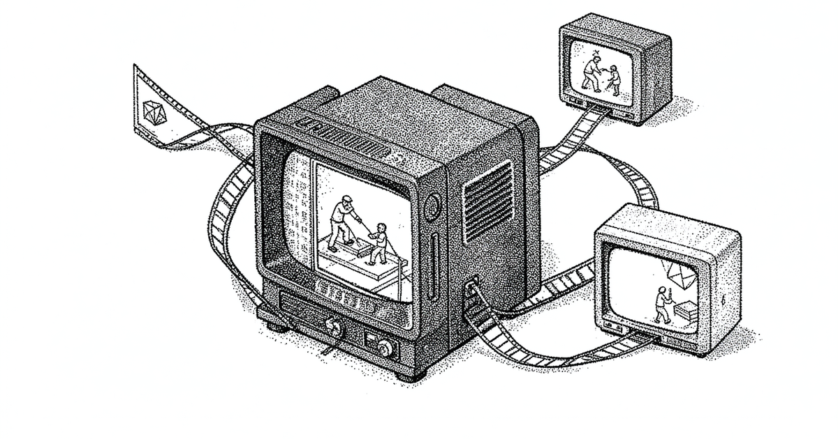 A television showing two people constructing a geometric form, linked to smaller screens by looping film.